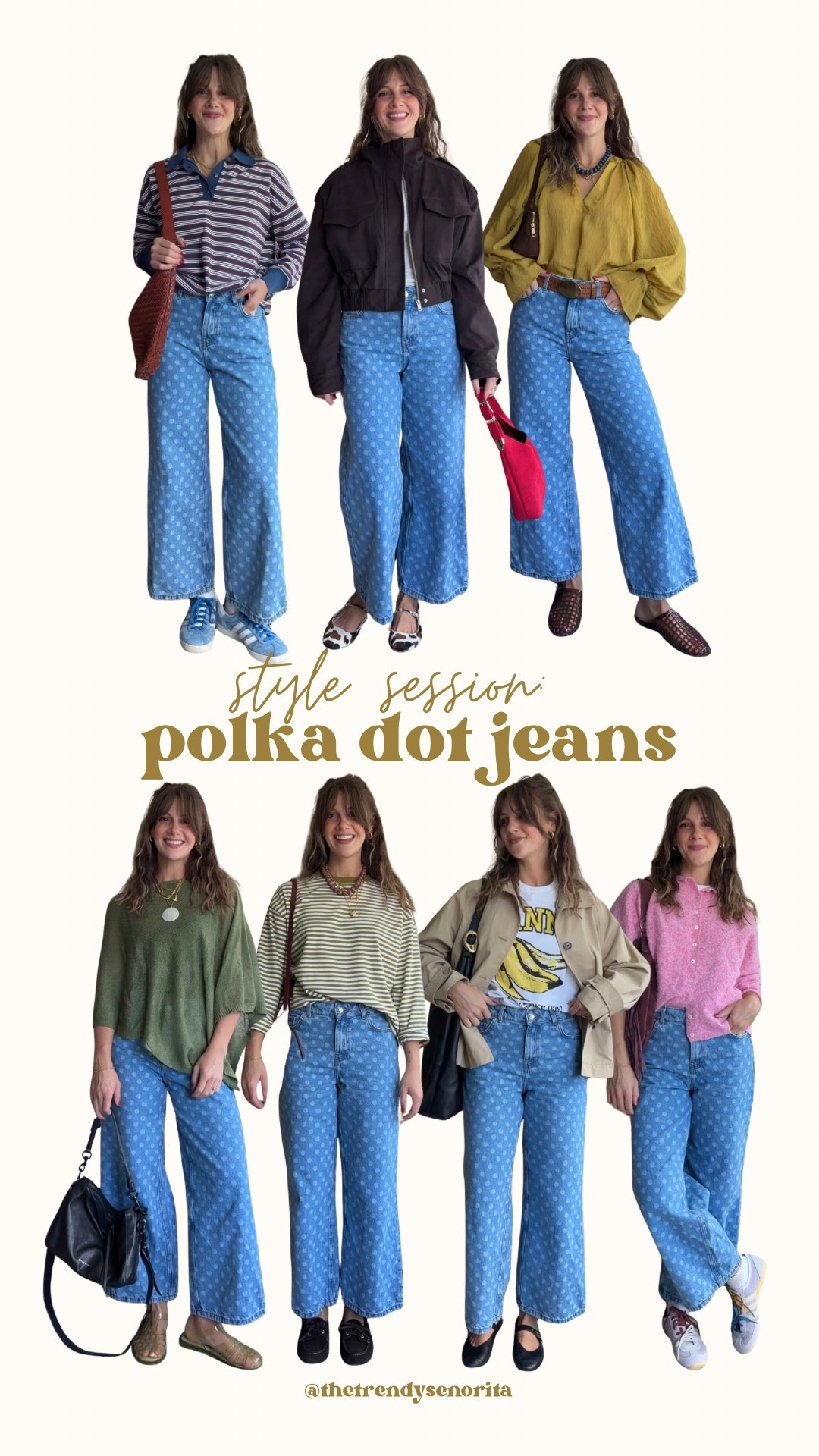 Got a request for how to style these best selling polka dot jeans! Here are 7(!!!) ideas for fall transition!

I’m in a size 27 jean and I’m 5’4” for reference