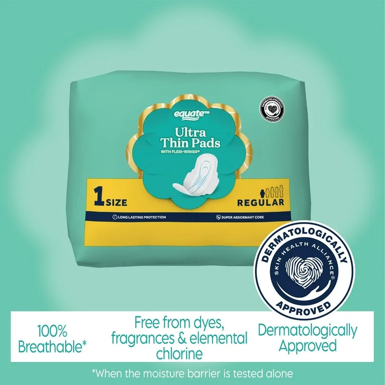Equate Ultra Thin Pads with Wings, Size 1, Regular Protection (36 Count) | Walmart (US)