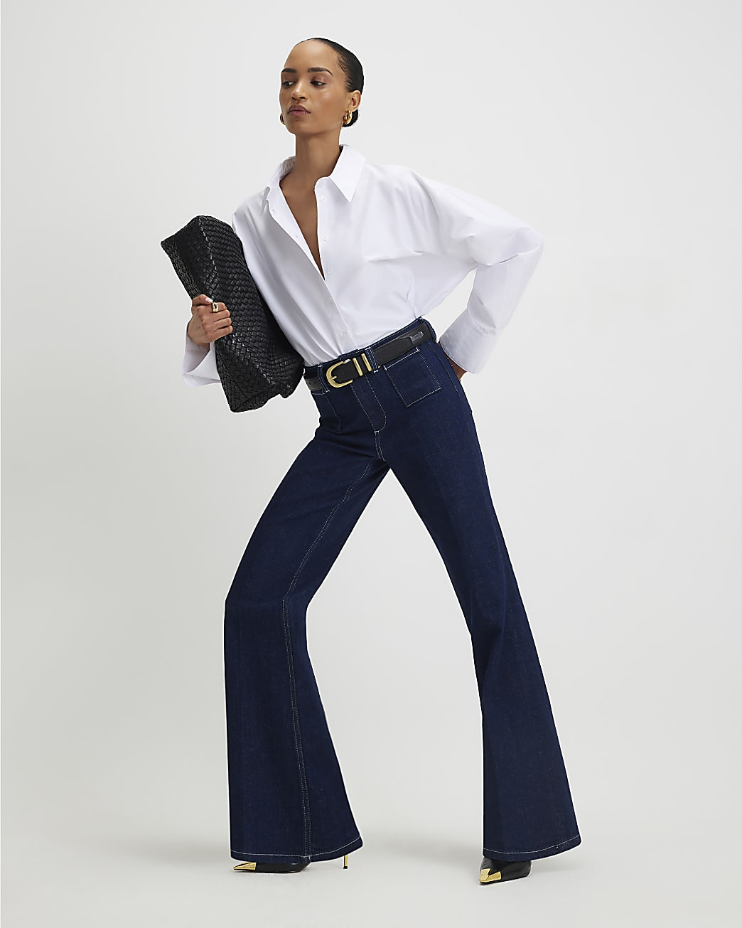 Blue High Waisted Relaxed Flare Jeans | River Island UK & IE