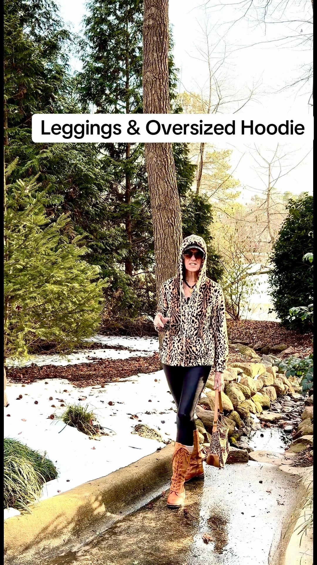  Do you love leggings? Here's a way to wear them in the coldest weather. Take a trending leopard oversize hoodie add leather leggings with tall boots and a leopard bag and you're good to go and be warm! #leggings #leopard #hoodie #boots #bag 

#LTKootd #LTKActive #LTKOver40
