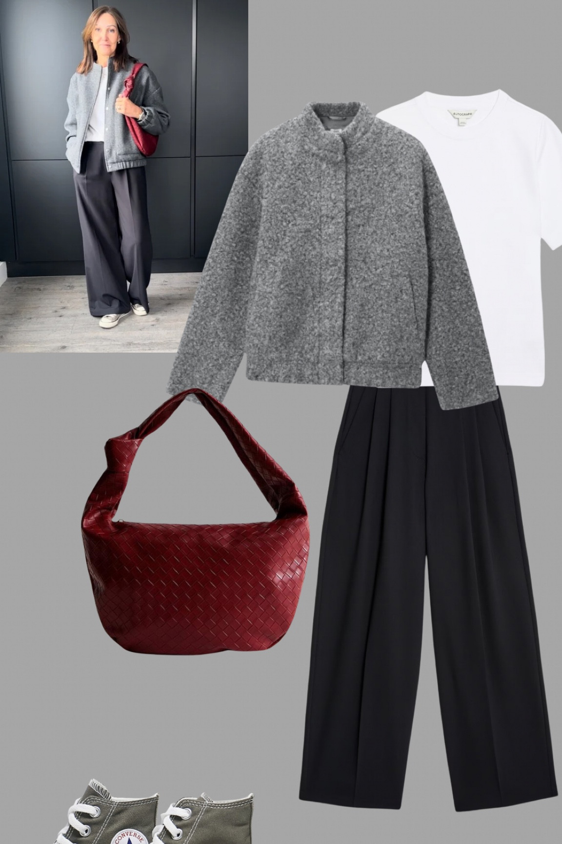Ways to style a white tee and black wide trousers. Add a grey boucle bomber, converse and a burgundy bag for a casual/sporty look with on trend colours.

#LTKover40 #LTKeurope #LTKSeasonal
