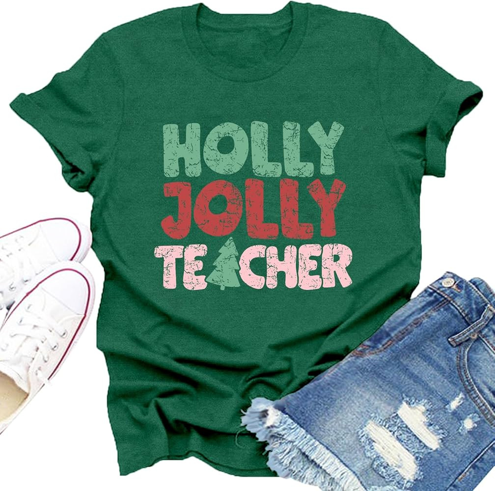 Christmas Shirts for Women Holly Jolly Teacher T-Shirt Christmas Teacher Tee Tops | Amazon (US)