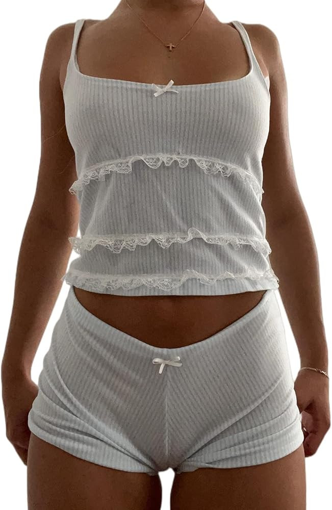 WZTYYDS Women Two Pieces Knitted Shorts Set Sleeveless Straps Floral Crop Tank Tops High Waist Sh... | Amazon (US)