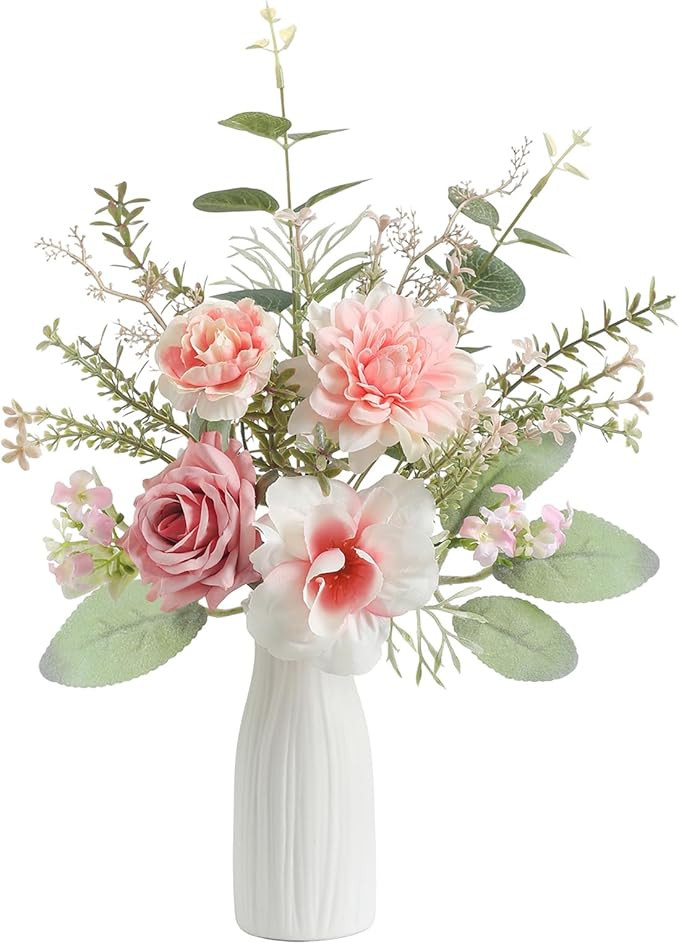Small 11" Artificial Flowers in Ceramic Vase - Pink Silk Flower Centerpiece for Dining Table, Off... | Amazon (US)