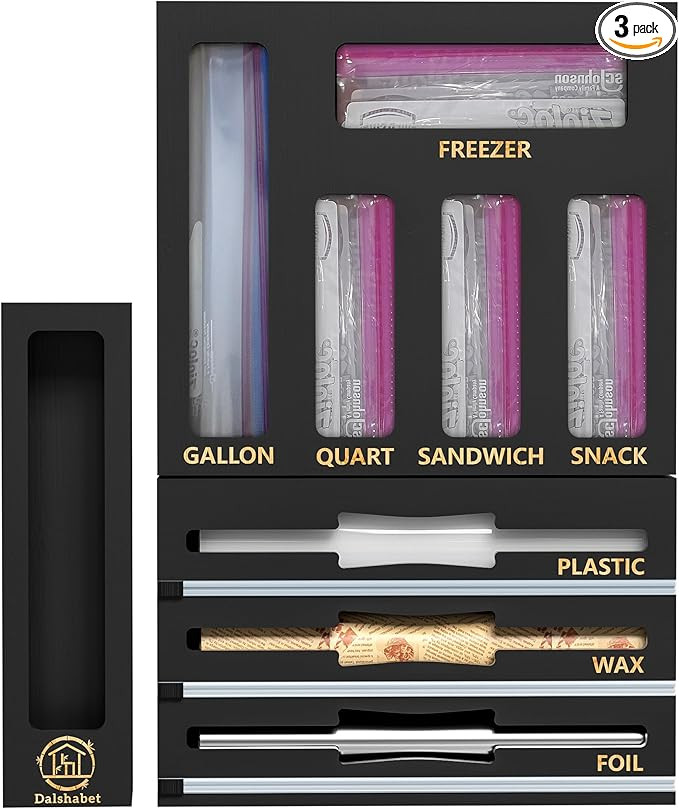 DALSHABET 9 IN1 Bamboo Storage Bag Drawer Organizer with Cutter, Foil and Plastic Wrap Dispenser ... | Amazon (US)