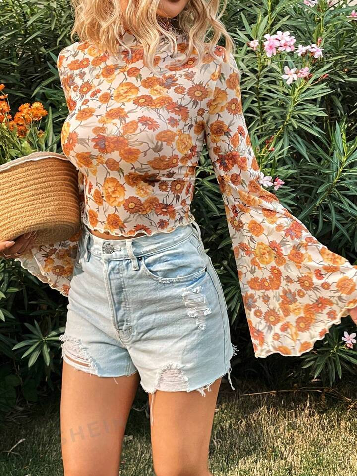 SHEIN WYWH Women's Stand Collar Floral Printed Bell Sleeve Top | SHEIN