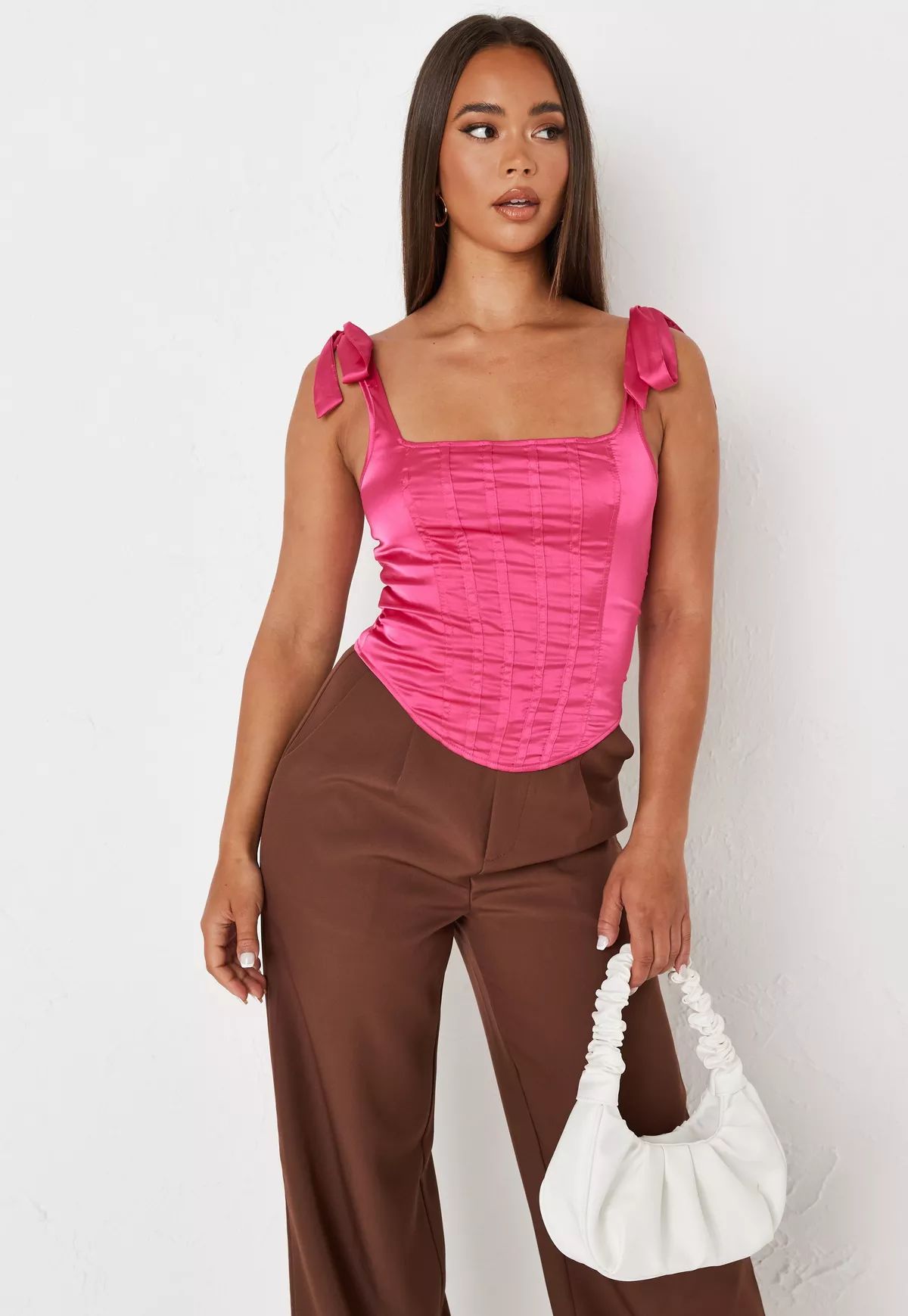 Missguided - Pink Tie Strap Satin Corset Top | Missguided (US & CA)