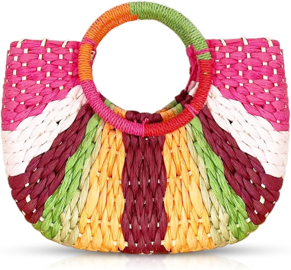 Beach Bag, Tote Bag for Women, Color Semicircle Hand-Woven Bag, Straw Bag Suitable for Travel Vac... | Amazon (US)