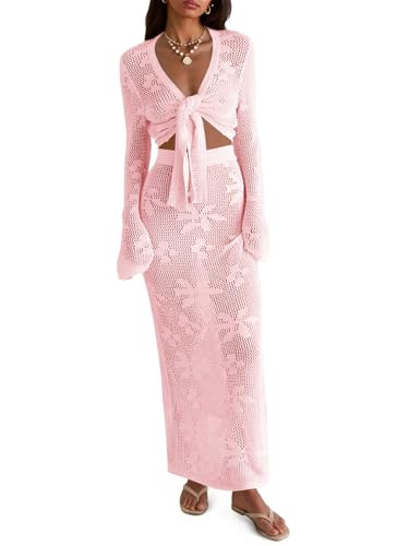 Saodimallsu Womens Crochet Swim Cover Up 2 Piece V Neck Long Sleeve Wrap Tie Crop Tops Beach Boho... | Amazon (US)