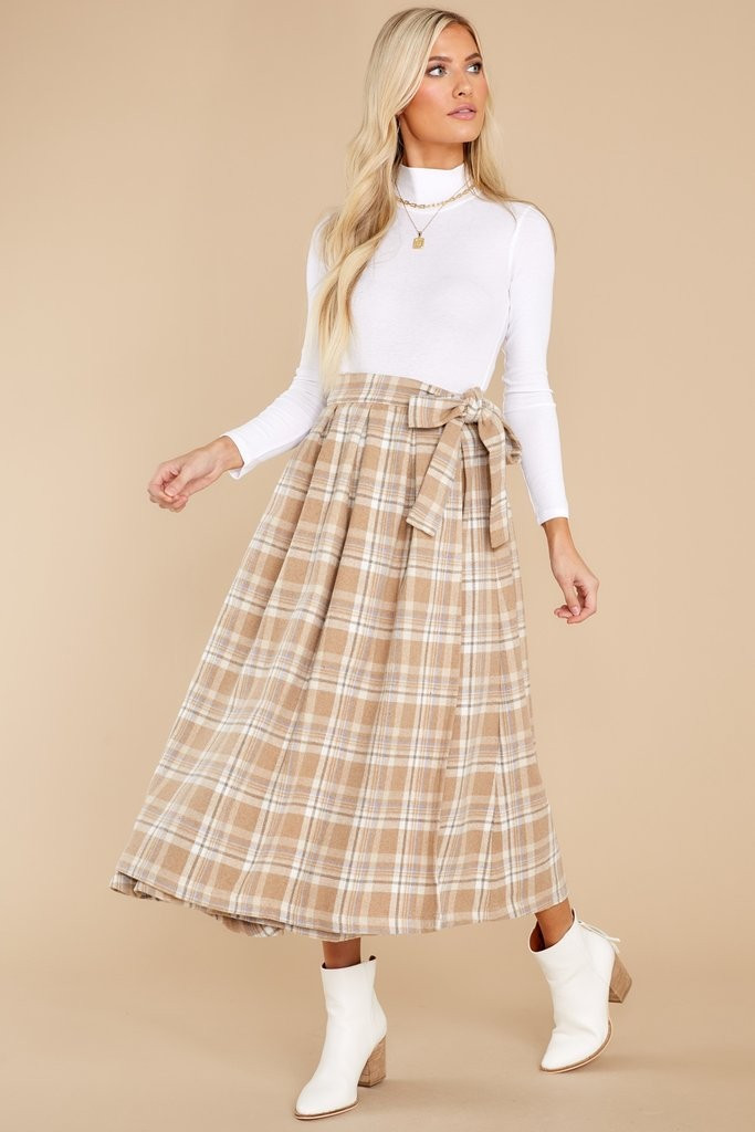 Twirl By Design Beige Plaid Skirt | Red Dress 