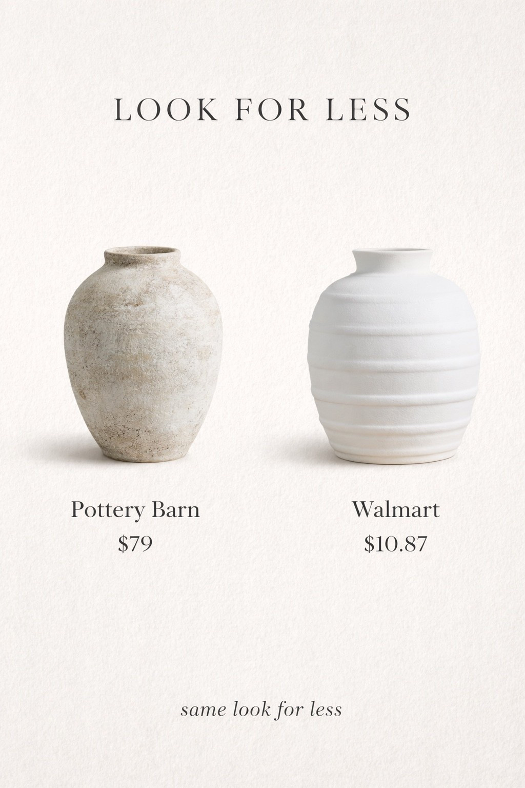 LOOK FOR LESS: POTTERY BARN VASE DUPE

Found the same elevated, textured ceramic vase look for a fraction of the price. The Pottery Barn version is $79, but this Walmart find is just $10.87 and gives that same neutral, high-end feel. Perfect for styling shelves, consoles, or coffee tables without the splurge.

#LTKSaleAlert #LTKHome #LTKSeasonal