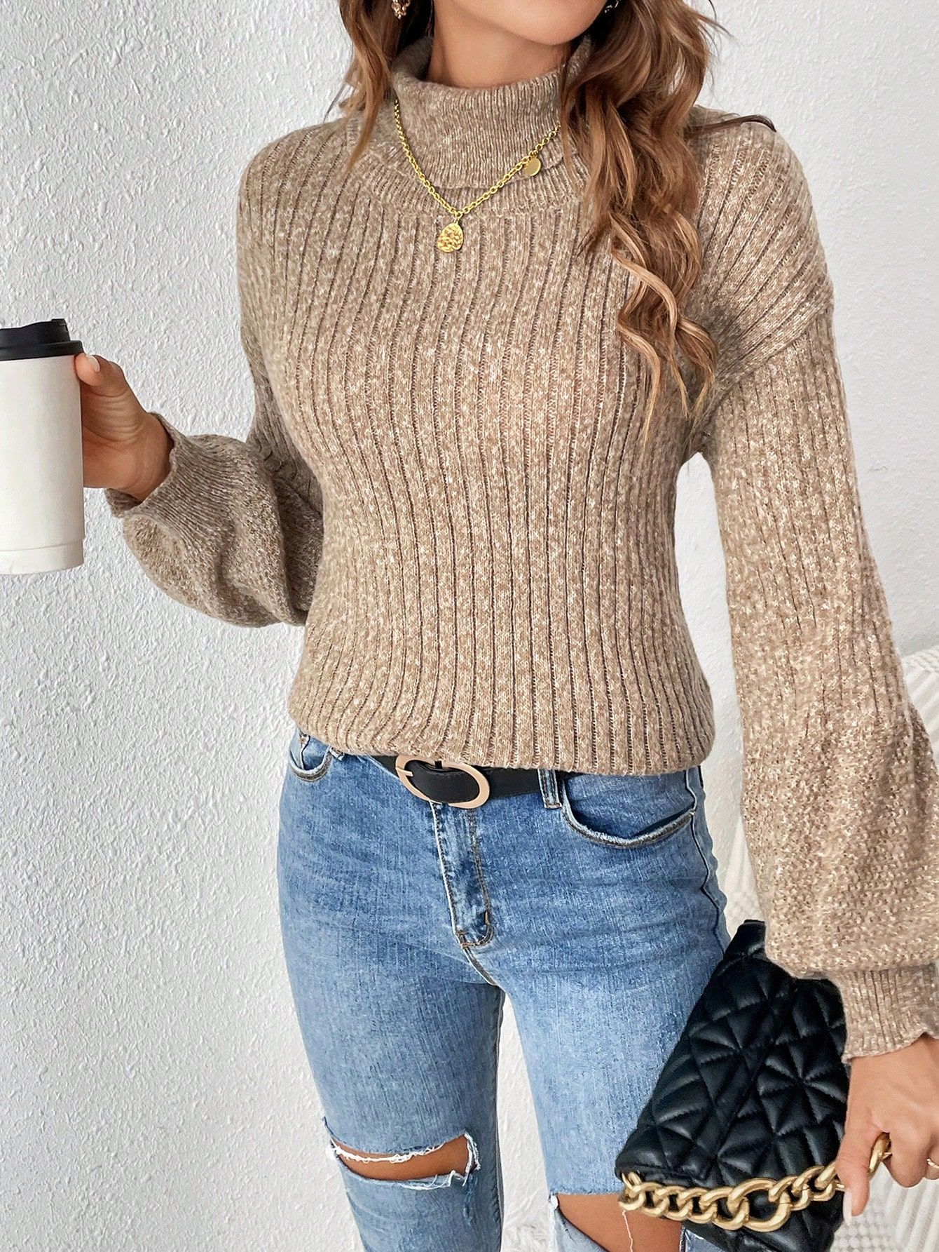 SHEIN Frenchy Turtleneck Lantern Sleeve Sweater | SHEIN