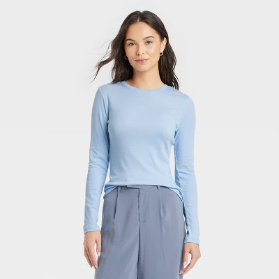 Women's Slim Fit Long Sleeve Ribbed T-Shirt - A New Day™ Blue L | Target
