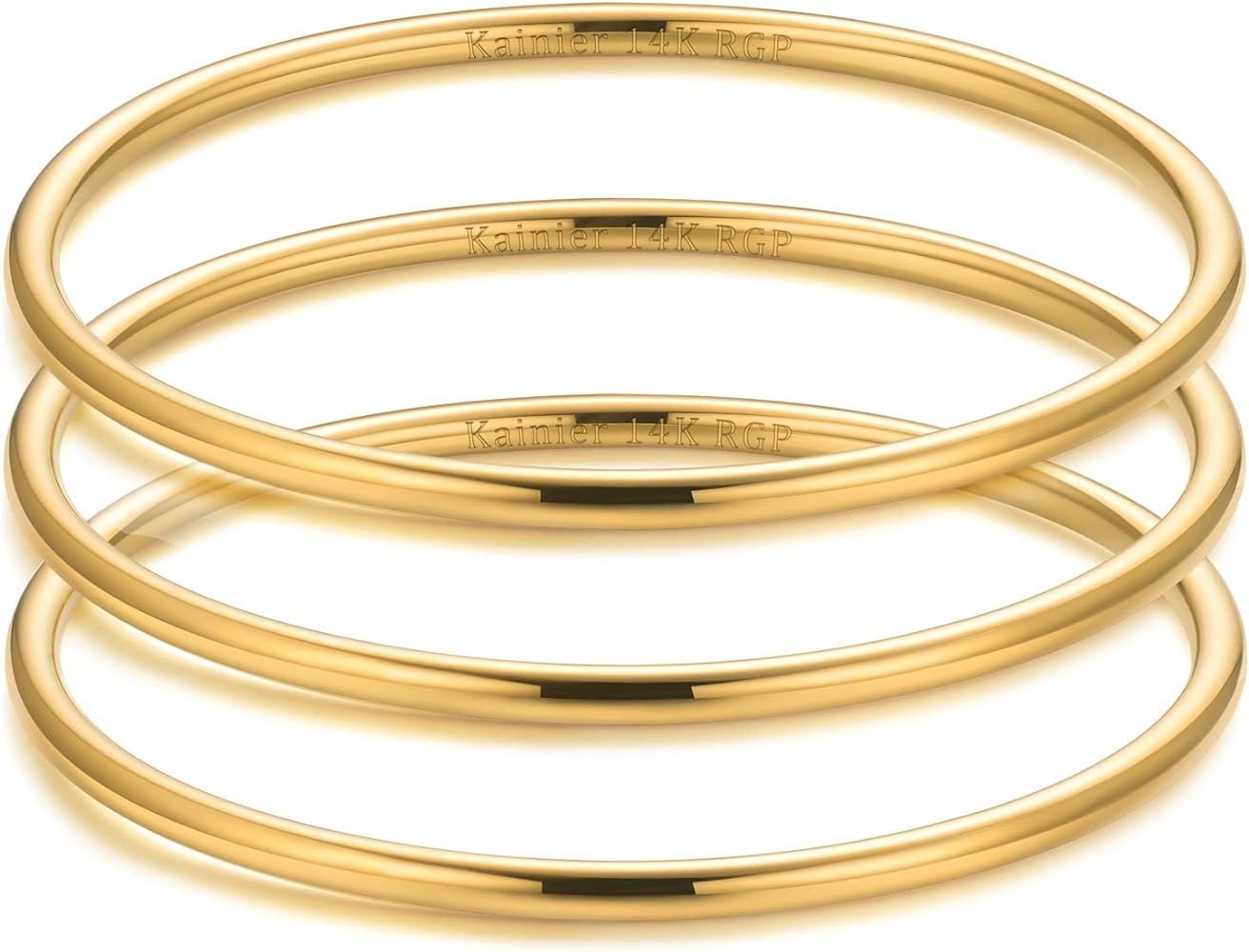 3mm 14K Gold Plated Bracelet Stainless Steel Glossy Stackable Thin Round Bangle Bracelet for Wome... | Amazon (US)