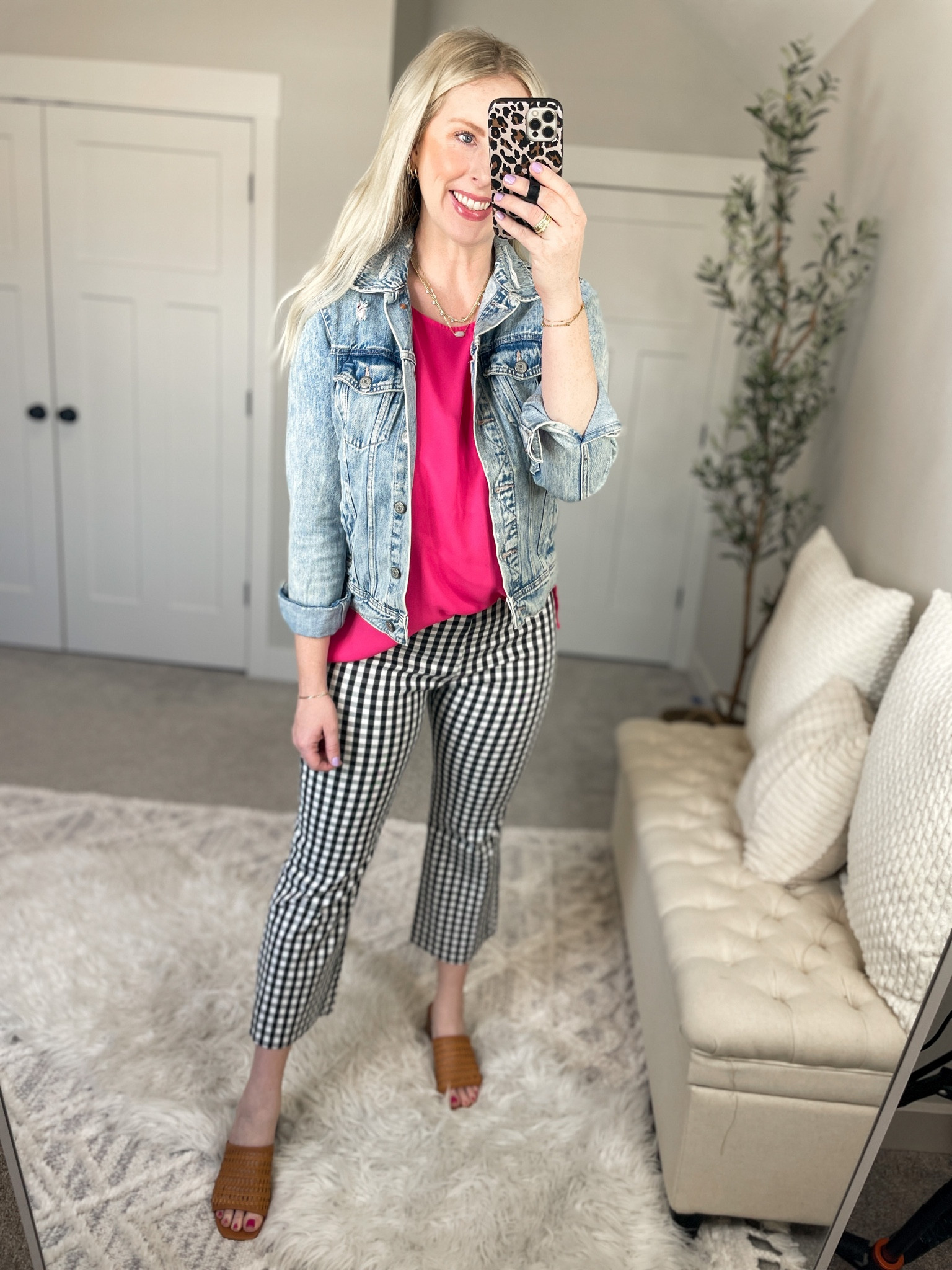 Daily try on, old navy jean jacket, teacher outfit, workwear, pink tank, work pants, gingham pants 

#LTKworkwear #LTKunder50 #LTKstyletip
