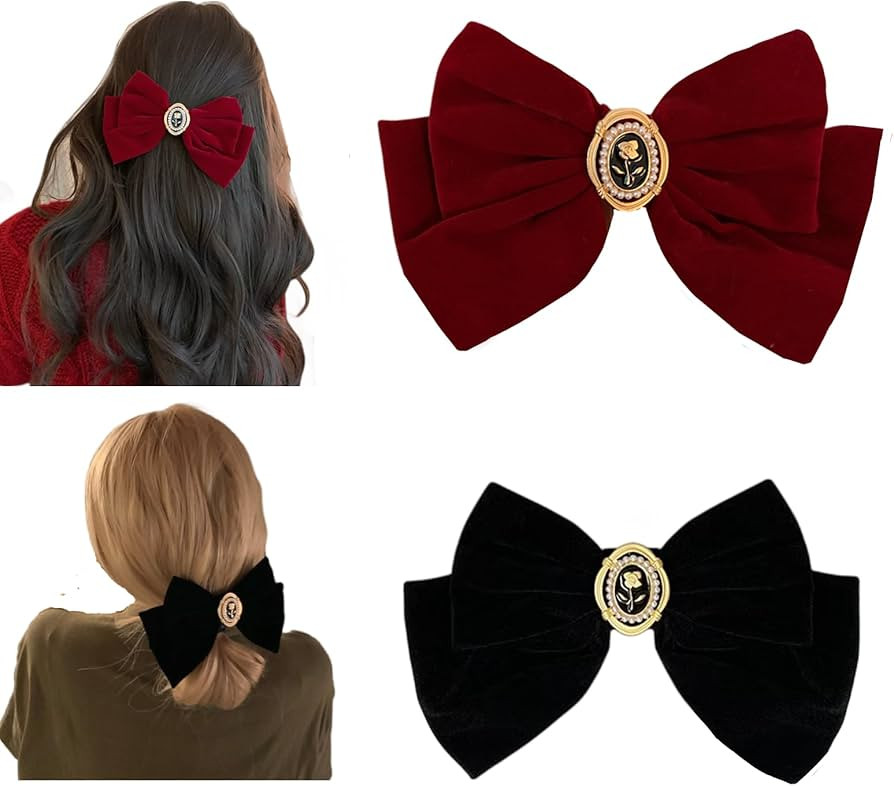 Large Hair Accessories for Women: Velvet Barrette with Solid Color Bows and Ponytail Clip (Black ... | Amazon (US)