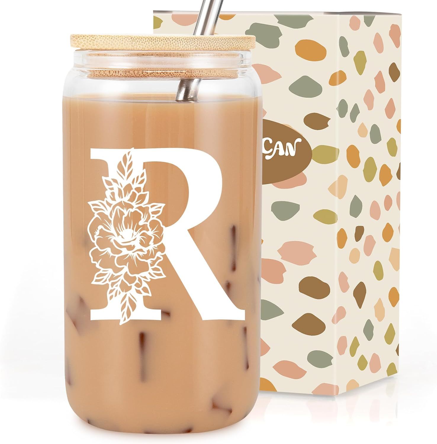 Coolife Initial Glass Cup, Monogrammed Gifts for Women, 16 oz Glass Cups w/Lids Straws, Iced Coff... | Amazon (US)