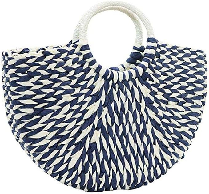 Straw Handbag, Women's Rattan Handbag Summer Beach Wattled Top Handle Bag Handwoven Tote Bag (Blu... | Amazon (US)