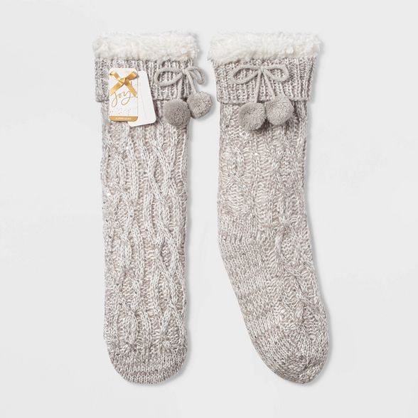 Women's Sequin Twist Sherpa Lined Slipper Socks with Grippers - One Size | Target