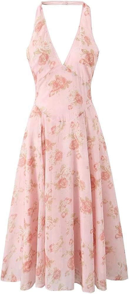 Women Backless Halter Floral Print A line Midi Summer Dress | Amazon (US)