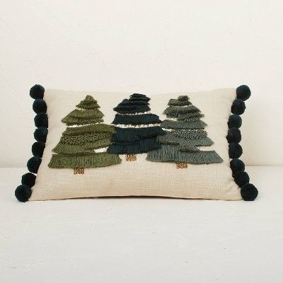 Fringed Three Christmas Trees with Pom-Poms Lumbar Throw Pillow Green - Opalhouse&#8482; designed... | Target