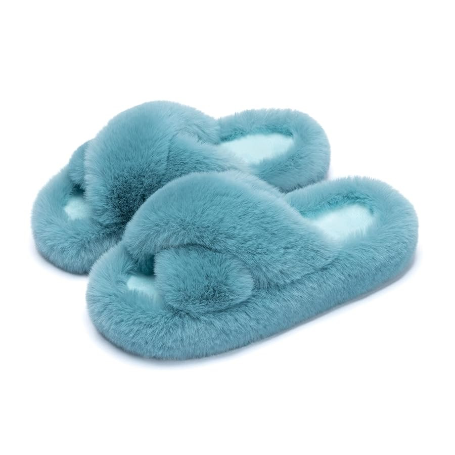 Chantomoo Women's Blue Memory Foam Faux Fur Lined Open Toe Slippers for Women - US 12 | Amazon (US)