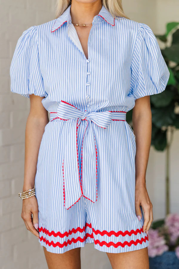 PREORDER: Tell Me Everything Blue Stripe Romper | The Mint Julep Boutique