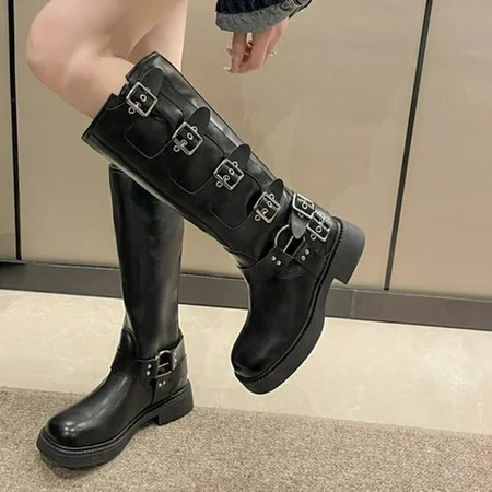 Wavsuf Cowgirl Boots for Women Wide Calf Vintage Motorcycle Winter Mid Calf Black Shoes Size 38 | Walmart (US)