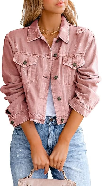 ZOLUCKY Womens Denim Jacket Distressed Frayed Ripped Jean Jacket Casual Button Down Light Jackets | Amazon (US)