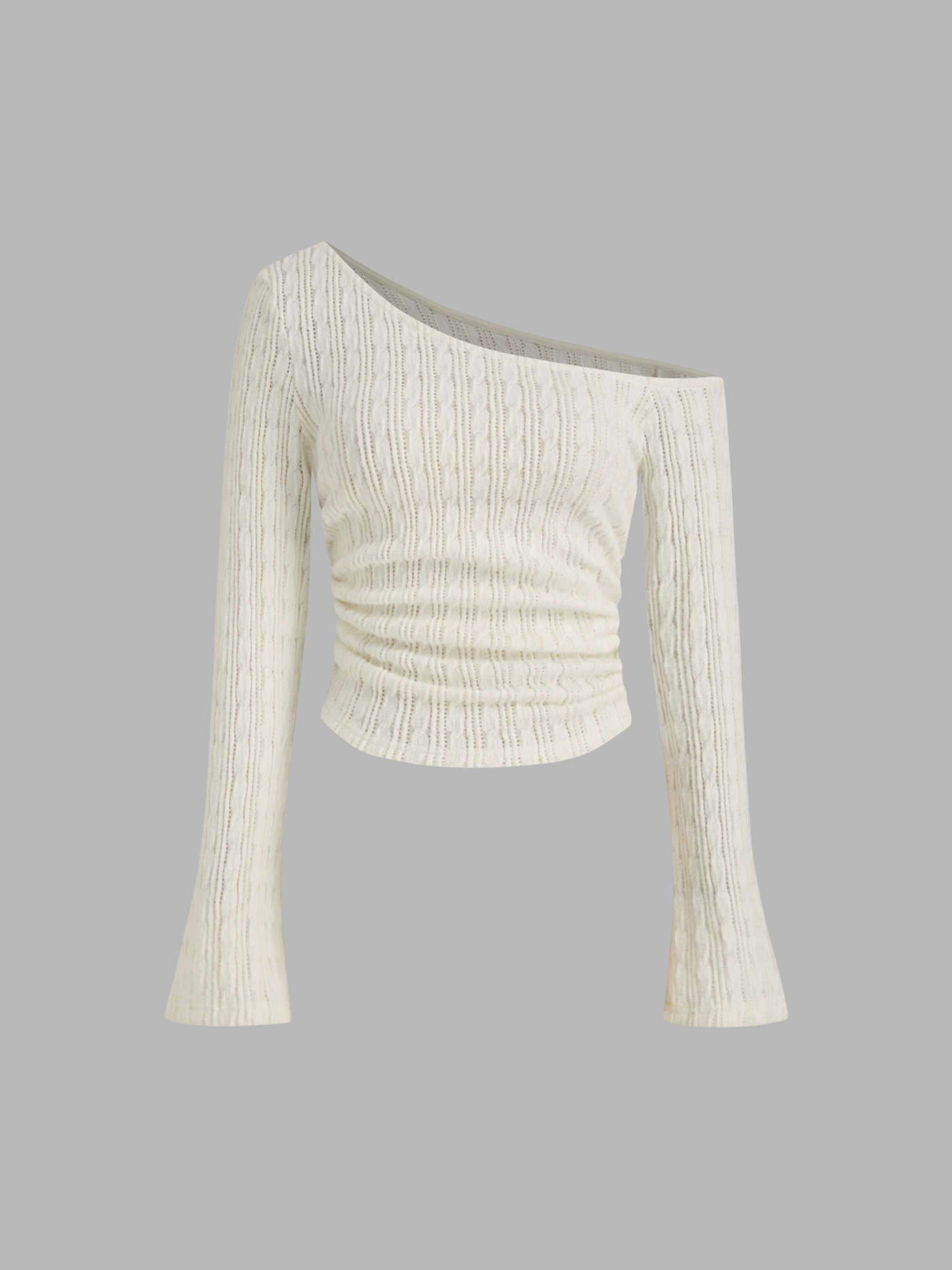 Knit Fabric Asymmetrical Neck Ruched Long Sleeve Top For Vacation | Cider