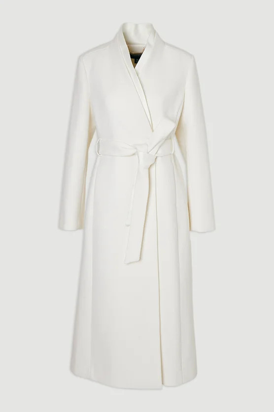 Brushed Wool Satin Mix Belted Wrap Neck Tailored Midi Coat | Karen Millen UK + IE + DE + NL