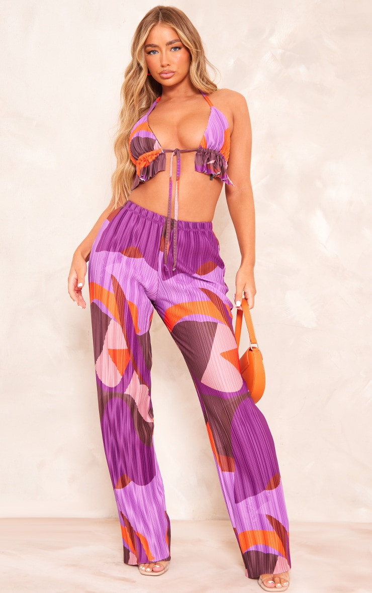 Pink Print Plisse High Waist Wide Leg Trousers | PrettyLittleThing UK