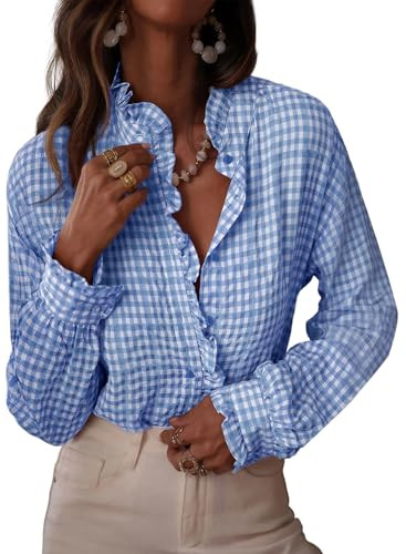 Astylish Womens Plaid Ruffle V Neck Button Down Blouse Casual Long Sleeve Gingham Trendy Tops Wor... | Amazon (US)