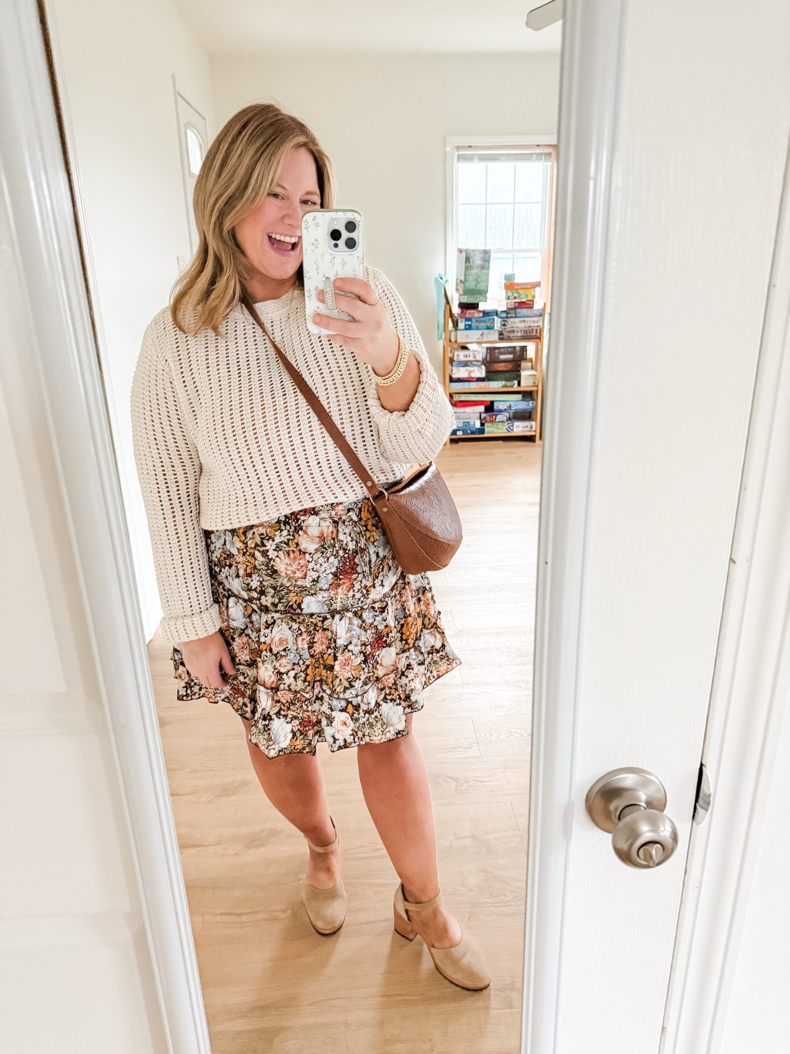Wearing an XL in my floral skort and an XXL in my crochet sweater. My koala bag from Portland Leather is one of my new favorites! 

 My heels are from Portland Leather Goods but they dont make them anymore.  I linked the exact ones though so you can search them on Poshmark if you’d like! 

#LTKMidsize #LTKBump #LTKSeasonal