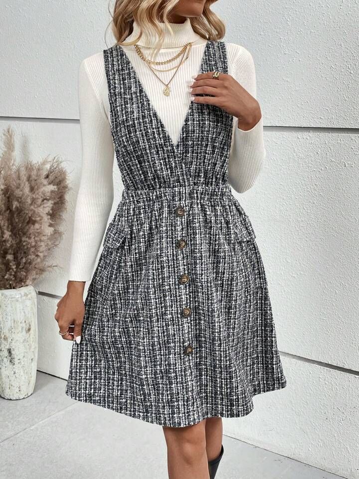 SHEIN LUNE Plaid Print Button Front Overall Dress Without Sweater | SHEIN