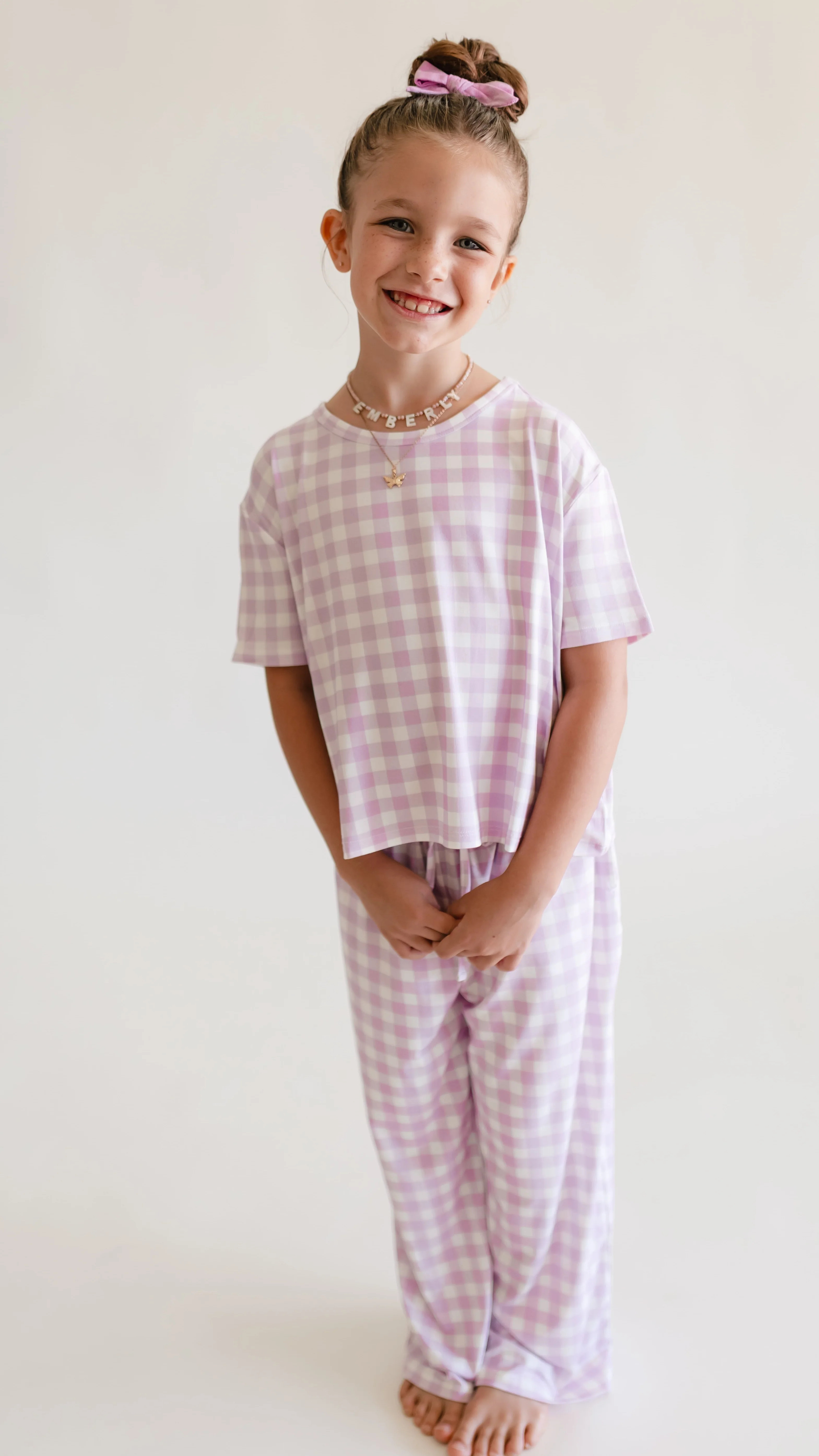 Girl's T-Shirt and Pants Set in Purple Gingham | Silks Design