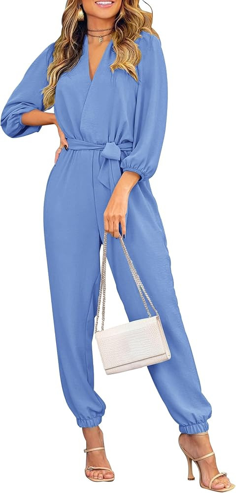 PRETTYGARDEN Women's Fall Jumpsuits Dressy Casual Pants Romper Spring Long Sleeve V Neck Belt Poc... | Amazon (US)