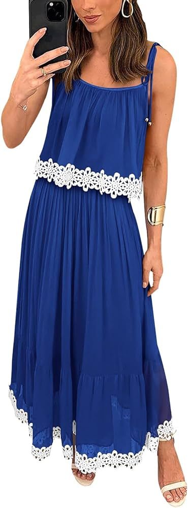 NALANISA Women's 2024 Summer Boho Sun Dress Tie Spaghetti Strap A Line Ruffle Beach Long Maxi Dre... | Amazon (US)
