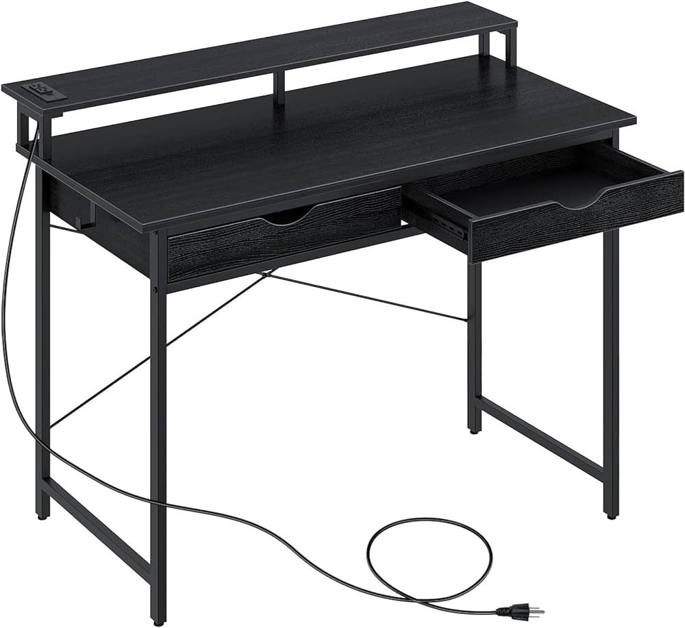 Rolanstar Computer Desk with 2 Drawers and Power Outlet, 47" Home Office Writing Desk with Monito... | Amazon (US)