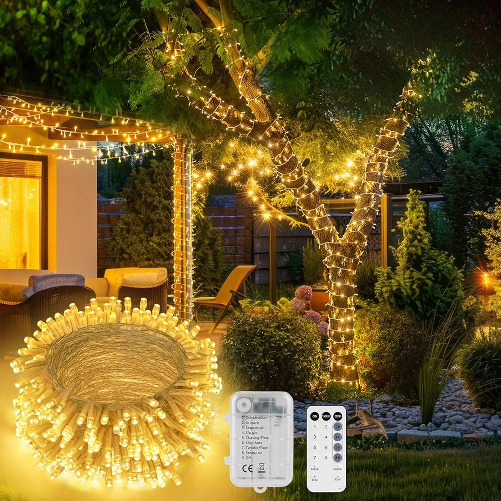 16.5Ft 100 LED Fairy Lights Battery Powered, Outdoor Waterproof Warm White String Lights with Rem... | Amazon (US)