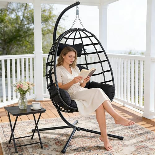 Egg Chair Outdoor with Stand, Indoor Wicker Hanging Egg Swing Chair with Cushion & Headrest, 350lbs Capacity for Patio, Bedroom (Black Frame + Black Cushion) | Amazon (US)