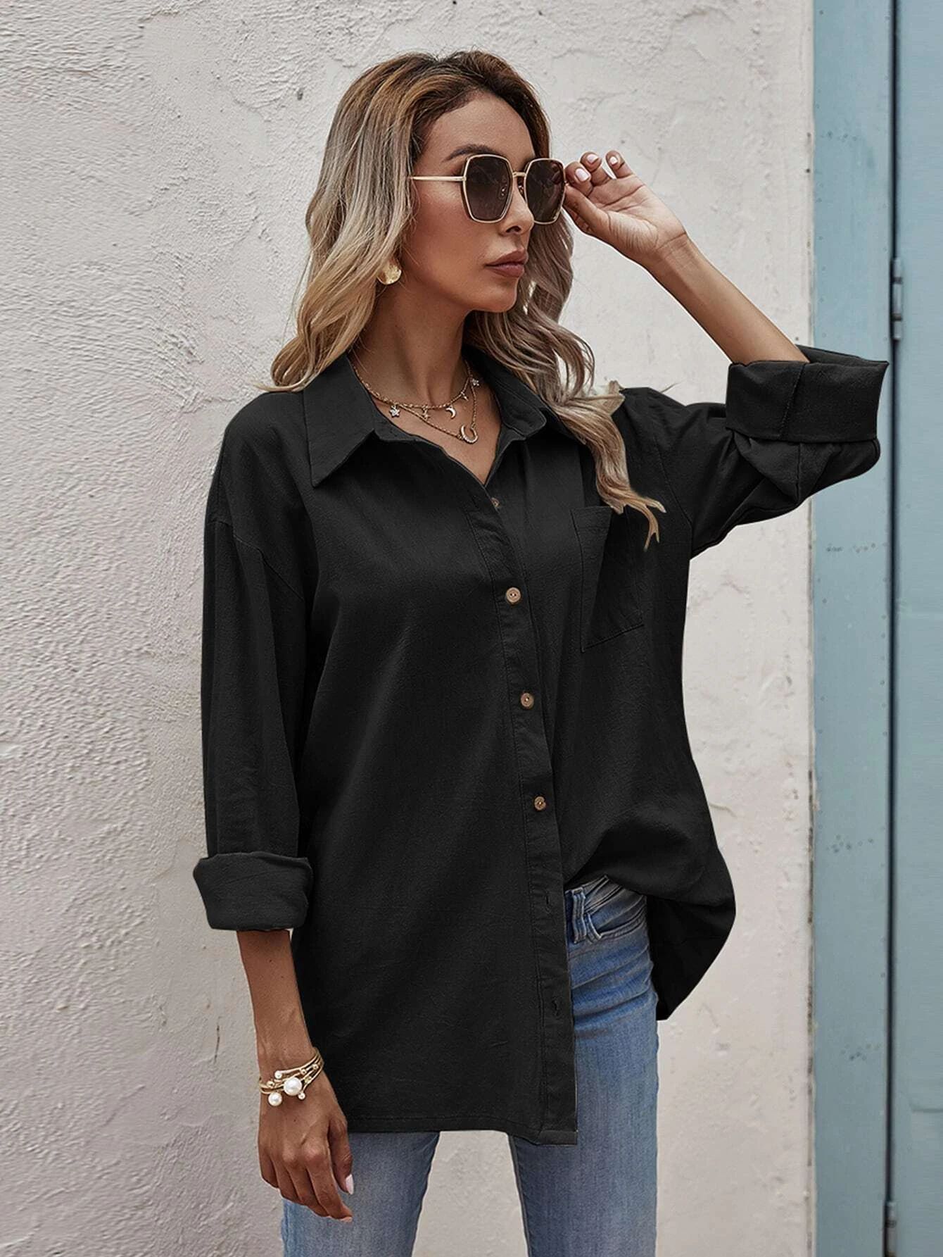 Solid Pocket Front Button Up Blouse | SHEIN