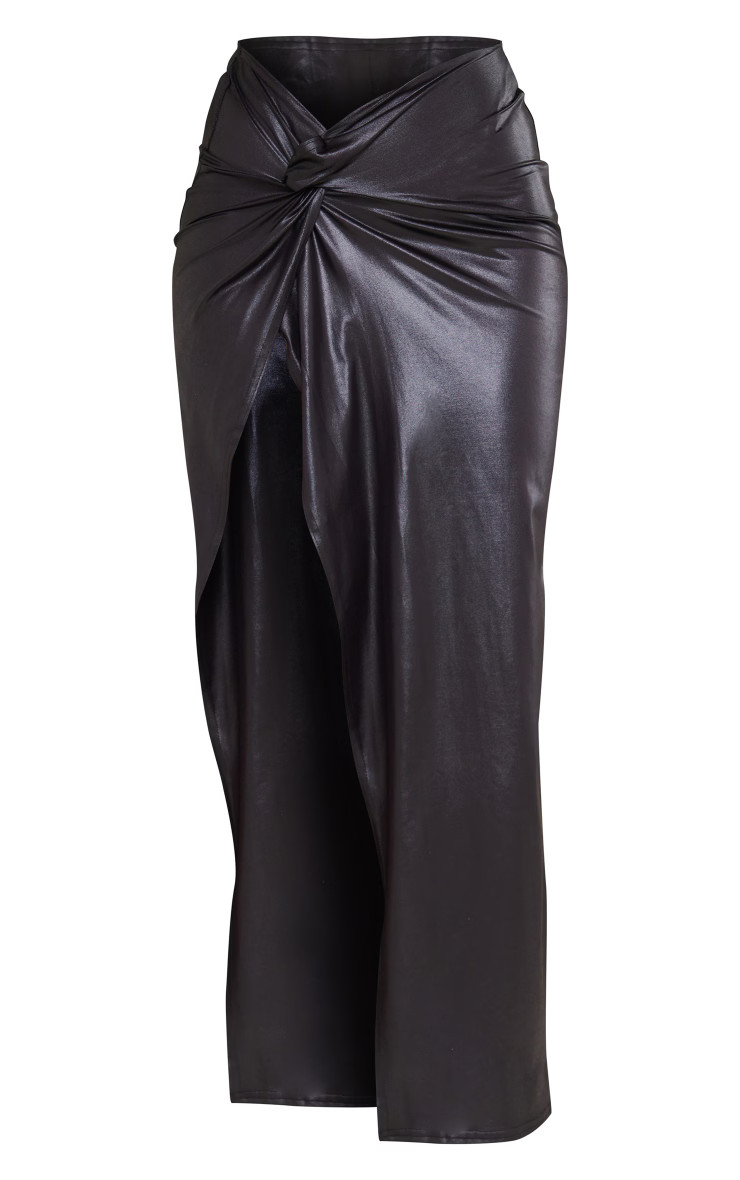 Black Coated Twist Front Midaxi Skirt | PrettyLittleThing US