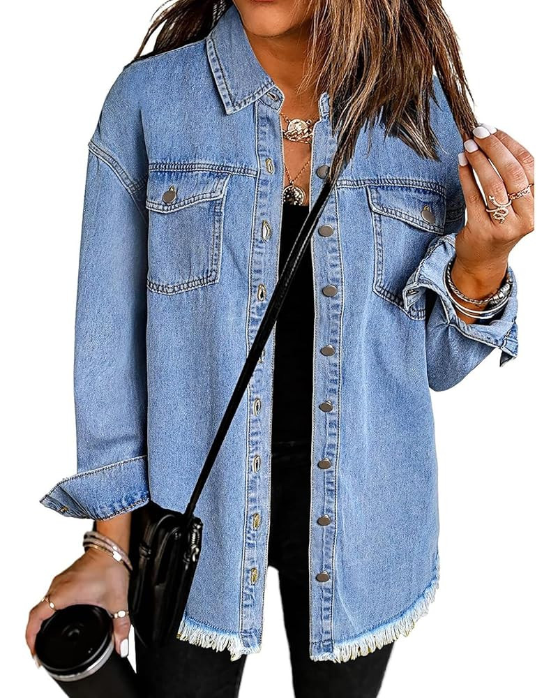 Vetinee Women’s Oversized Button Up Frayed Hem Shacket Long Sleeve Pockets Denim Jean Jacket | Amazon (US)