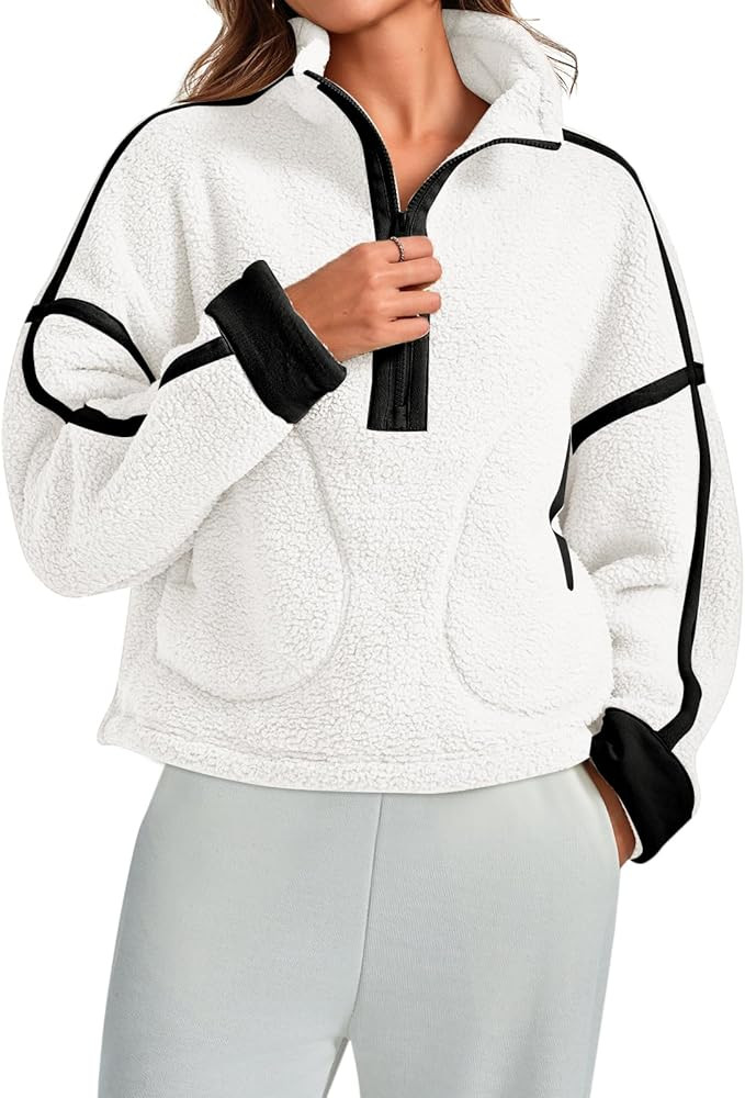 Women Sherpa Fleece Jacket Half Zip Oversized Cropped Sweatshirt Long Sleeve Pullover 2025 Winter... | Amazon (US)