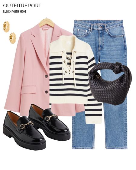 Pink blazer striped jumper sweater blue denim jeans loafers 

#LTKstyletip #LTKshoecrush #LTKitbag