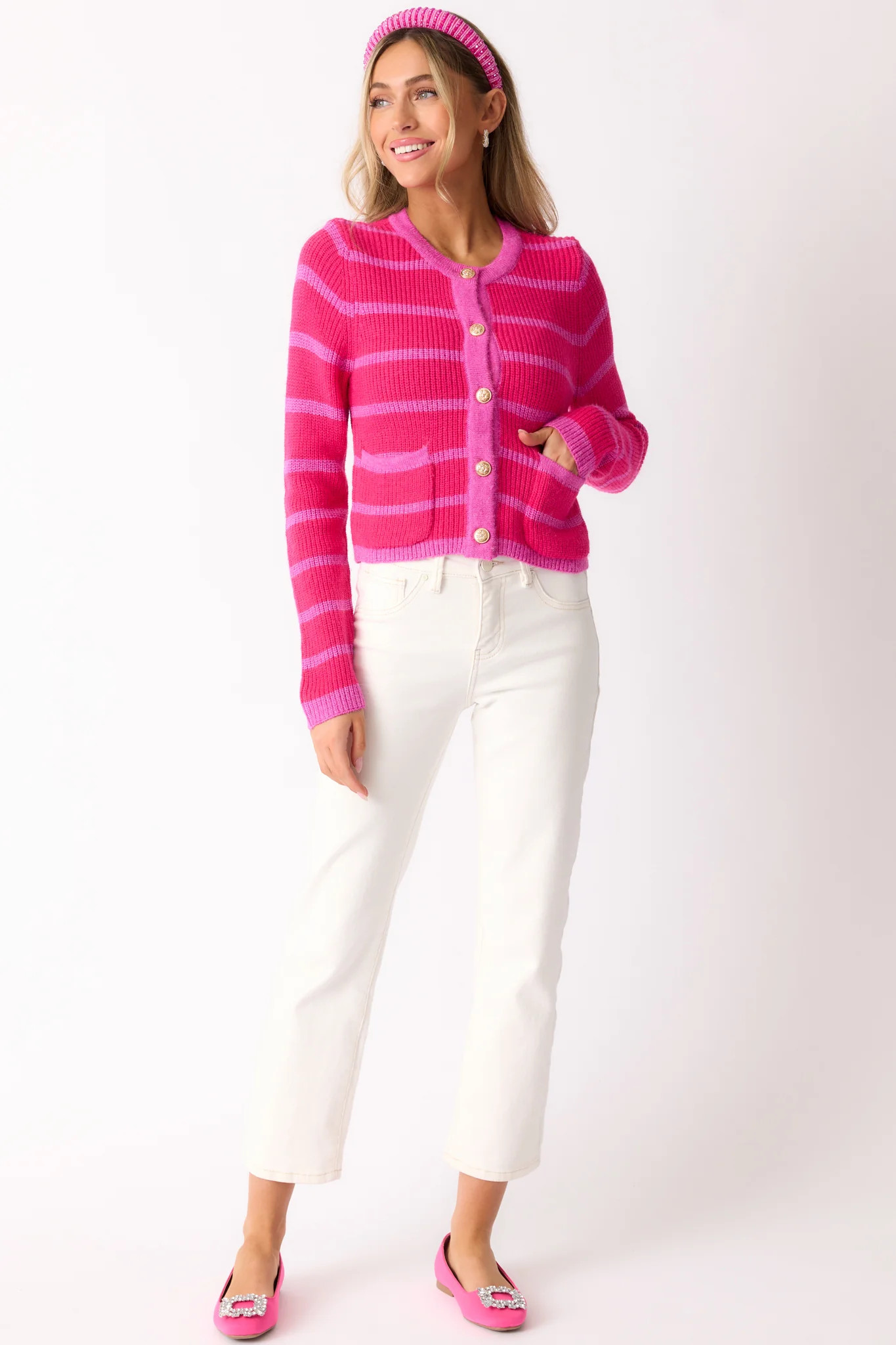 Let's Go Shopping Hot Pink Stripe Button Front Cardigan | Red Dress