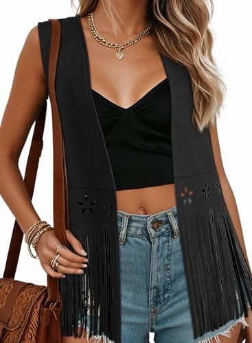 Dokotoo Country Concert Outfits for Women 2026 Spring Summer Hollow Out Cowboy Chic 70s Hippie Vintage Western Cowgirl Fringe Vest Tops Leather Tassel Night Out Birthday Party Jackets Black Medium | Amazon (US)