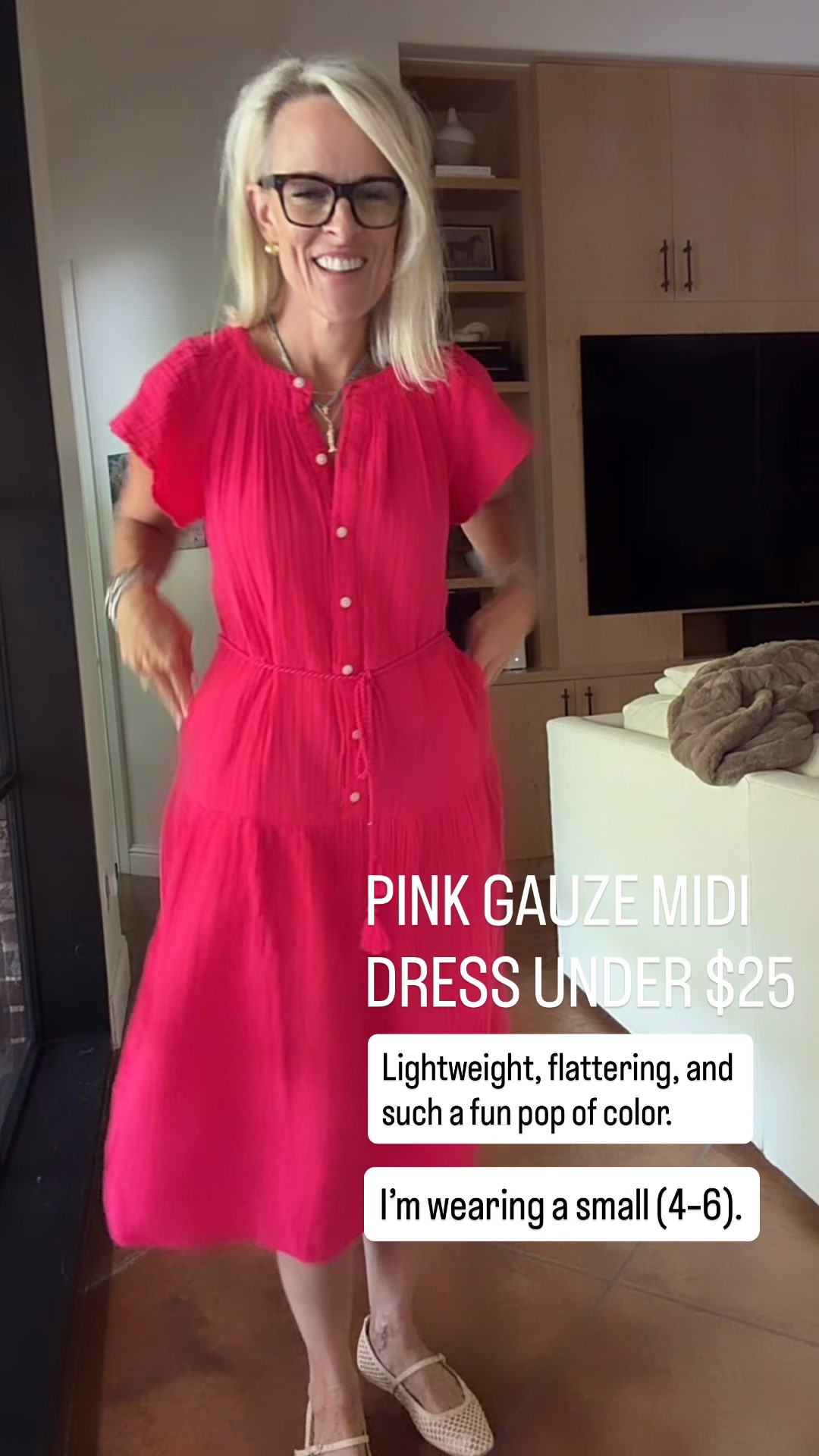 This gauze midi dress is the perfect way to add a pop of color to your wardrobe! At just $23, it’s lightweight, comfortable, and features a button-front design with a flattering rope tie waist. I’m wearing a small (4–6).

💡 LTK MADE EASY
❤️ Heart = Support my posts!
🔖 Save = Get sale & restock alerts
📋 Lists = Keep favorites organized
📲 Share = Send lists and products to a friend. Hello, Christmas List!
💬 Comment = Ask me anything about what I’m wearing.:-)

#LTKootd #LTKOver40 #LTKSeasonal