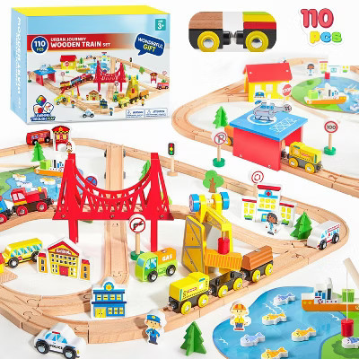 Joyfy 110Pcs Wooden Train Set - Urban Journey, City Scene Railway Set Xmas Birthday Party Toy Gift for Kids Toddlers Boys Girls Ages 2-8 | Target